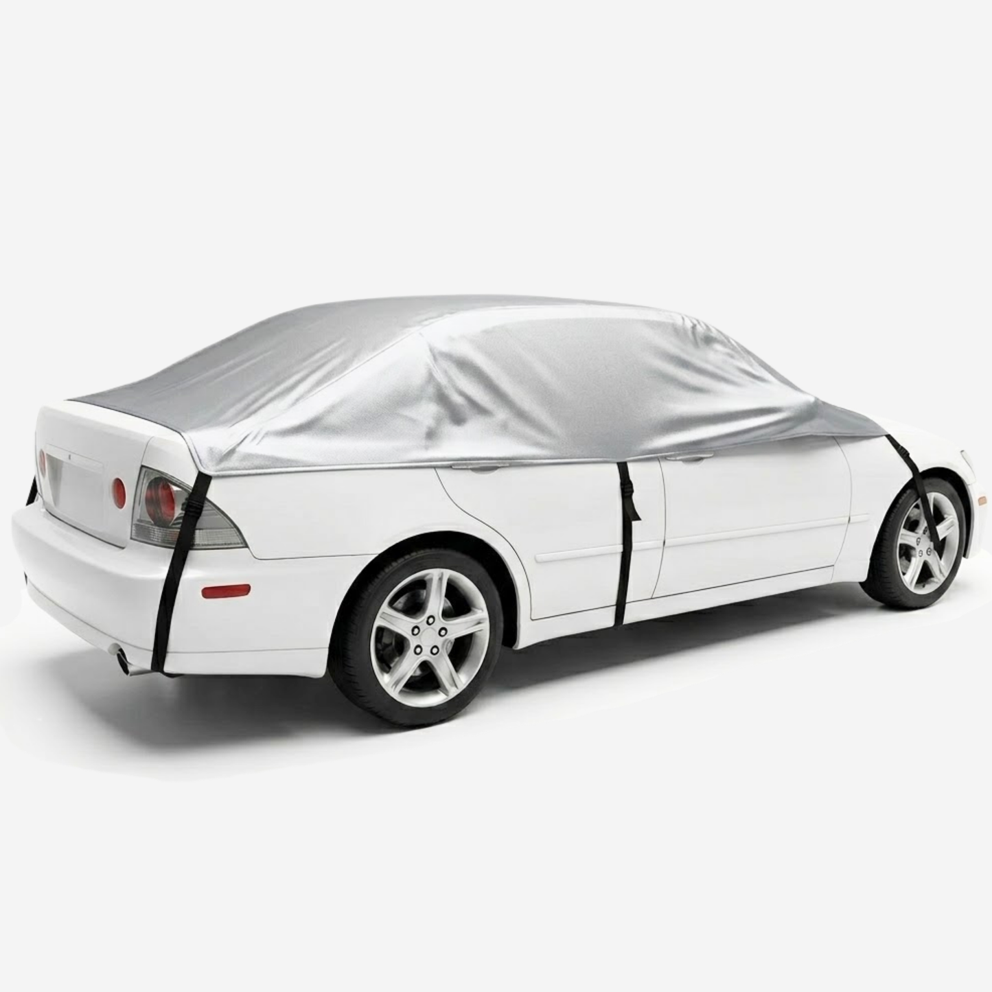 Gray full front car cover for small to midsize cars protecting windshield, hood, and mirrors from snow and sun with adjustable straps and storage bag