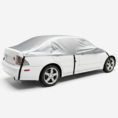 Gray full front car cover for small to midsize cars protecting windshield, hood, and mirrors from snow and sun with adjustable straps and storage bag