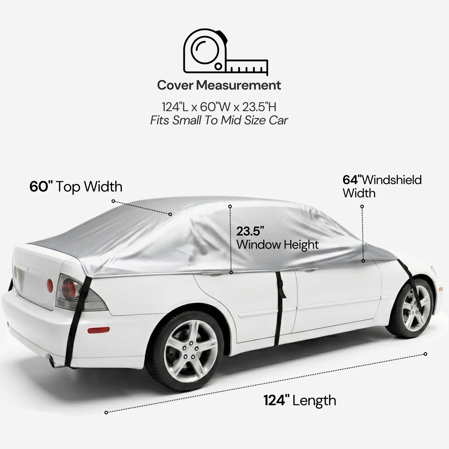 Windshield sun shade full top cover for small to midsize cars with adjustable straps and magnetic edges, gray, 124"L x 60"W x 23.5"H