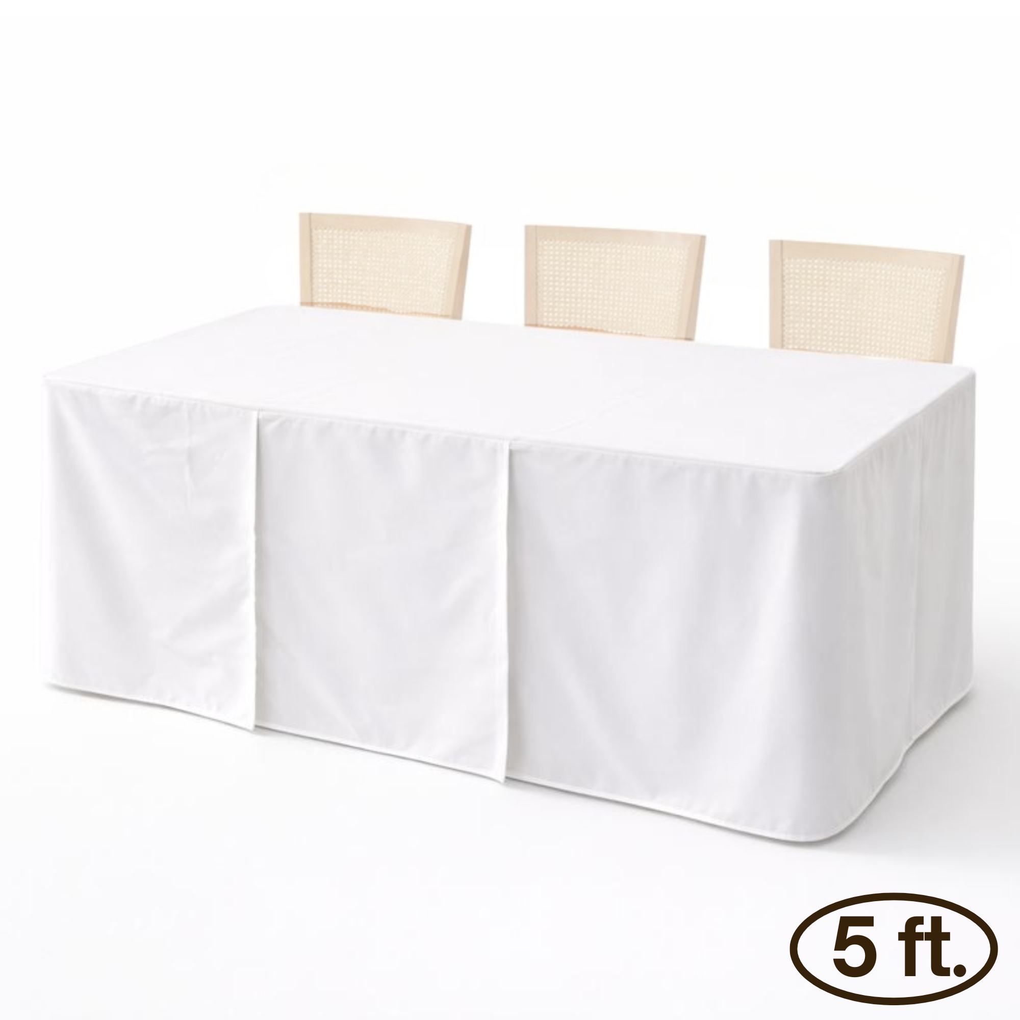 5ft premium fitted off-white polyester tablecloth on 60x30 inch rectangular table with triple panel system for weddings and events