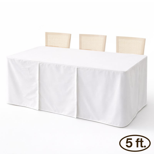 5ft premium fitted off-white polyester tablecloth on 60x30 inch rectangular table with triple panel system for weddings and events