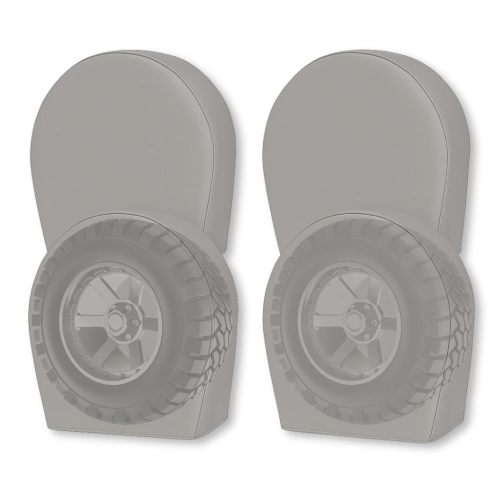 Set of 4 grey deluxe tire and wheel covers fitting 30.5"-33.5" diameter tires for RVs, trailers, trucks, and SUVs, made of heavy-duty vinyl with elasticized back and rear eyelets for secure fit and weather protection.
