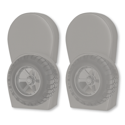 Set of 4 grey deluxe tire and wheel covers fitting 30.5"-33.5" diameter tires for RVs, trailers, trucks, and SUVs, made of heavy-duty vinyl with elasticized back and rear eyelets for secure fit and weather protection.