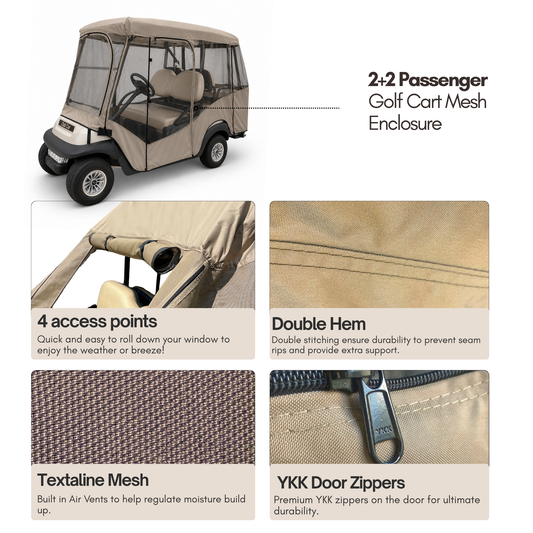 2+2 Passenger Golf Cart Driving Enclosure Cover (4 Passenger Short Roof 58") Texteline Mesh Taupe - Formosa Covers