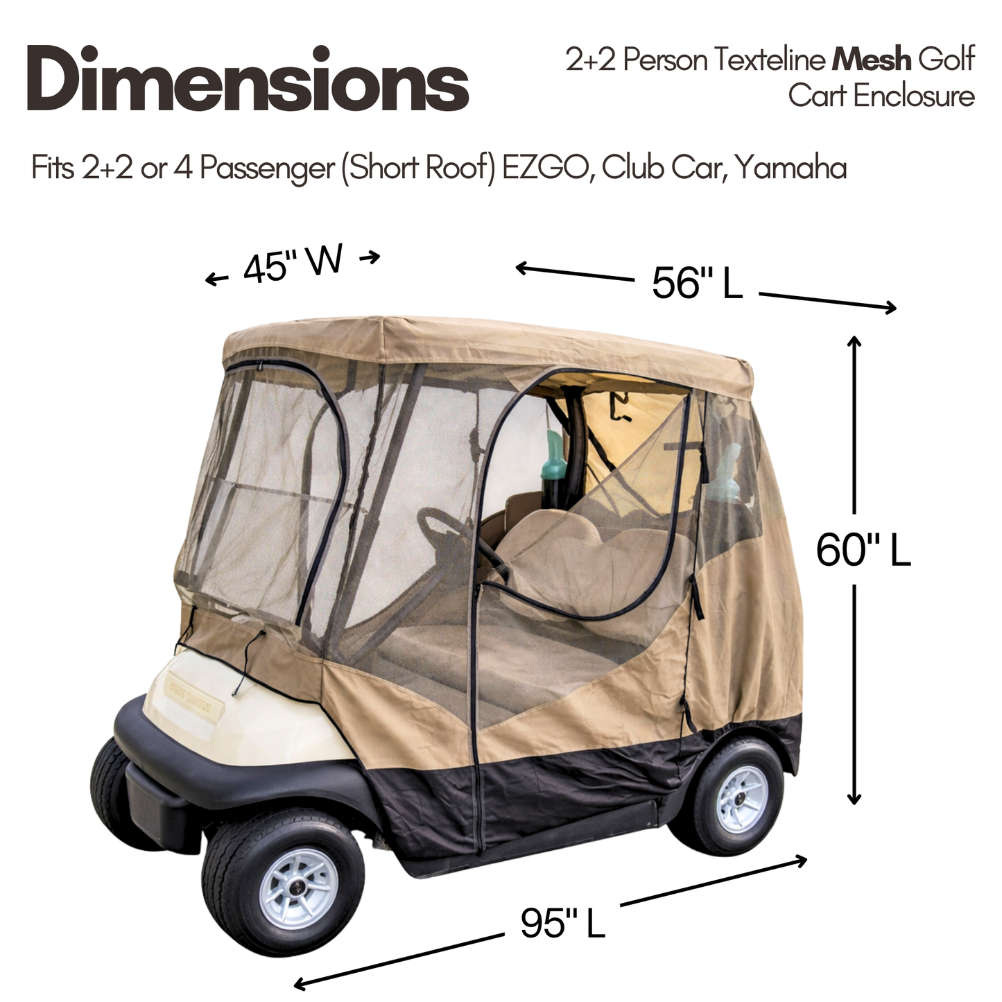 2+2 Passenger Golf Cart Driving Enclosure Cover (4 Passenger Short Roof 58") Texteline Mesh Taupe - Formosa Covers