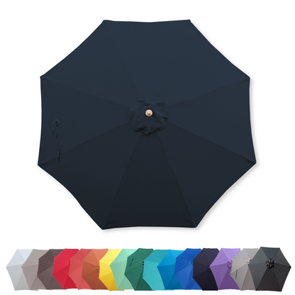 A top-down view showcases the Formosa Covers 9ft Market Patio Umbrella with an 8 Rib Replacement Canopy in dark blue, fully open. Below, a row of smaller umbrellas is arranged, displaying an array of colors including gray, red, orange, green, teal, blue, purple and black.