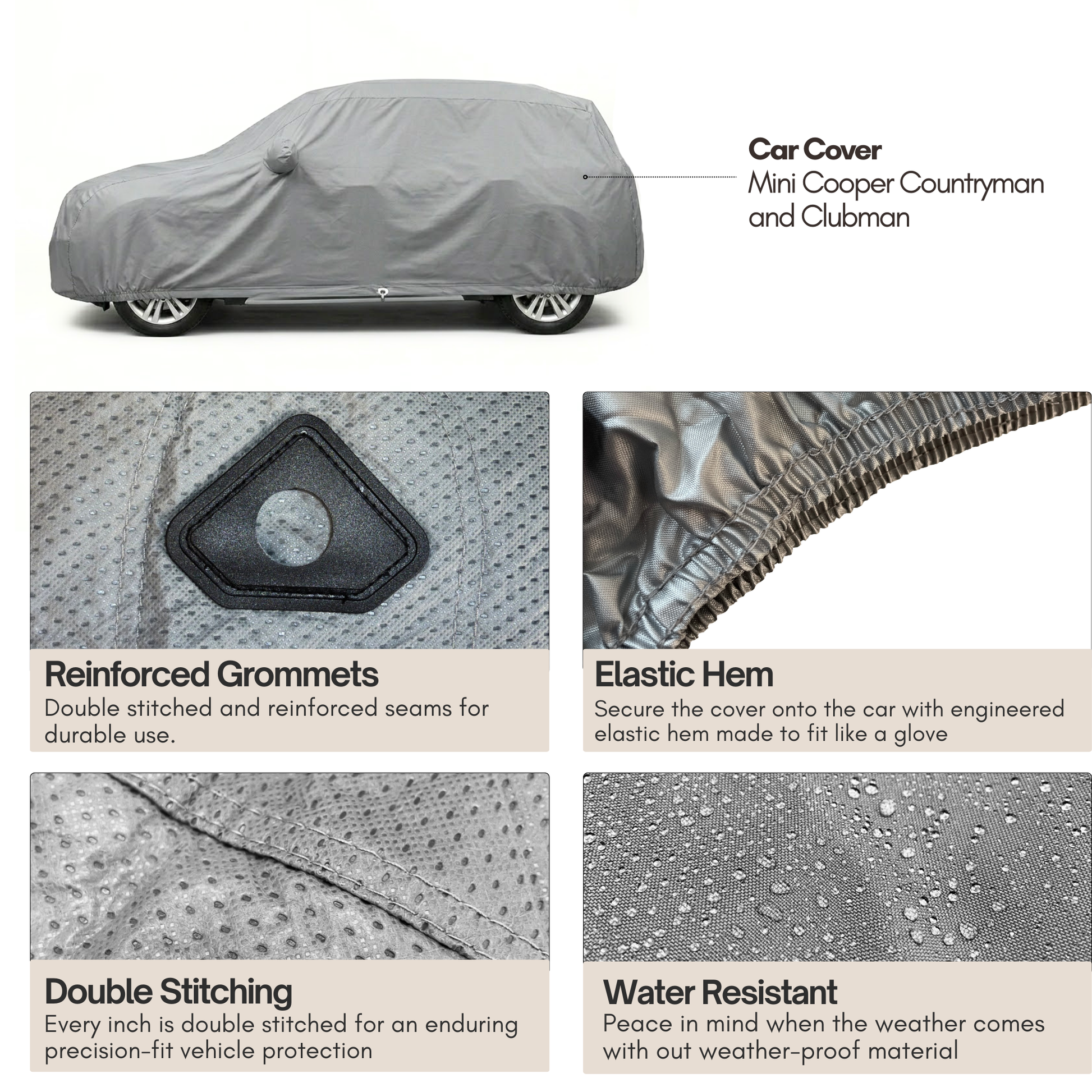 Charcoal grey car cover tailored for Mini Cooper Countryman and Clubman protecting against UV, moisture, and debris