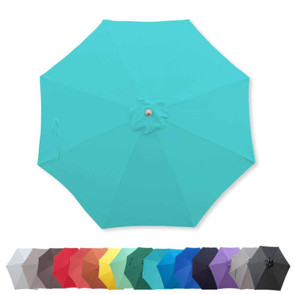 A top view of the Formosa Covers 11ft Market Patio Umbrella with its robust Aruba Turquoise polyester canopy. Below it, a row of ten smaller umbrellas displays an array of vibrant colors: red, orange, yellow, green, blue, navy blue, purple, black, and two shades of gray.