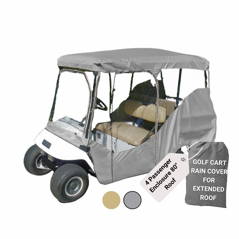 Formosa Covers' 4 Passenger Golf Cart Driving Enclosure Cover, in a stylish gray, fits a 4-seater with an extended 80" roof. It features a rain shield and comes with a storage bag labeled "GOLF CART RAIN COVER FOR EXTENDED ROOF." The partially transparent design allows visibility of the seats inside.