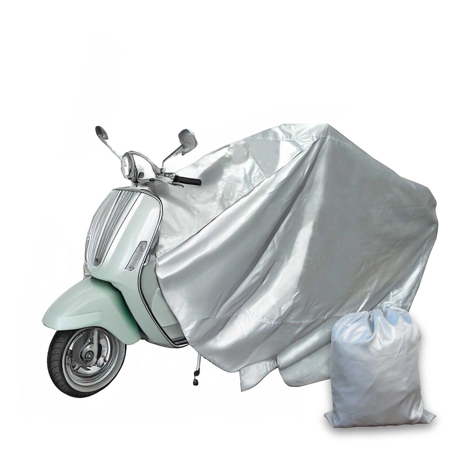 A white scooter partially covered by the Formosa Covers Deluxe Scooter, Moped, or Vespa Cover - Medium in weather-resistant, silver 150 Denier Polyester. A matching drawstring storage bag rests on the ground next to the scooter.