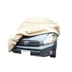 A gray Toyota SUV features a partially draped Formosa Covers SUV Cover Large 200