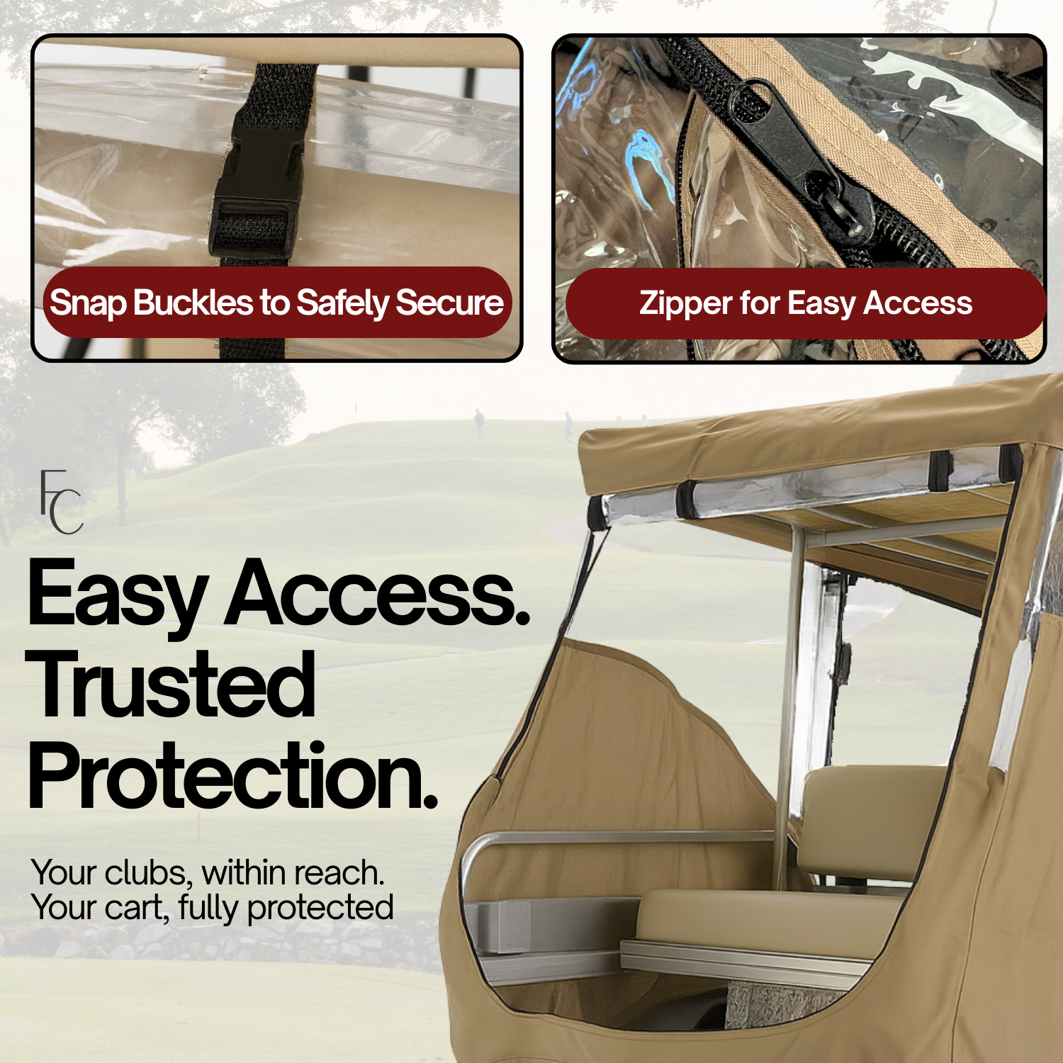 Golf cart cover with snap buckles and zipper for easy access, featuring text 'Easy Access. Trusted Protection.'

