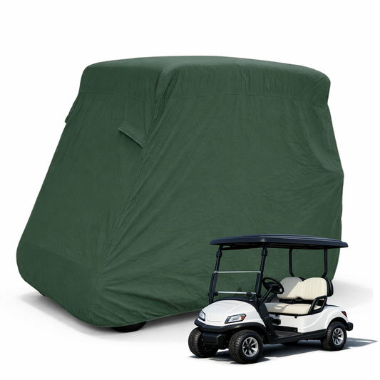 Green 2 passenger golf cart storage cover for EZGO, Club Car, Yamaha with waterproof UV-treated polyester and rear zipper access
