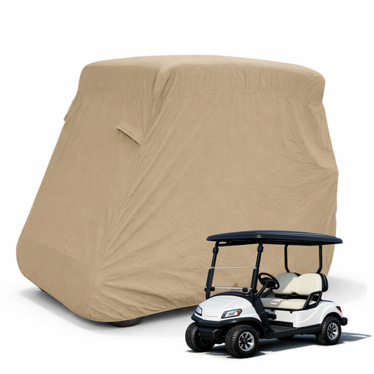 Taupe 2 passenger golf cart storage cover fitting EZGO, Club Car, Yamaha with UV-treated waterproof material and rear zipper access