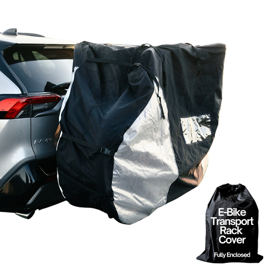 Dual bike rack cover for 1-2 e-bikes with translucent ends, protector against weather, road debris, and UV damage, featuring reflective panels and easy installation.