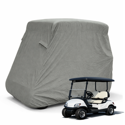 Grey 2 passenger golf cart storage cover with rear zipper and elastic hem for all-weather protection