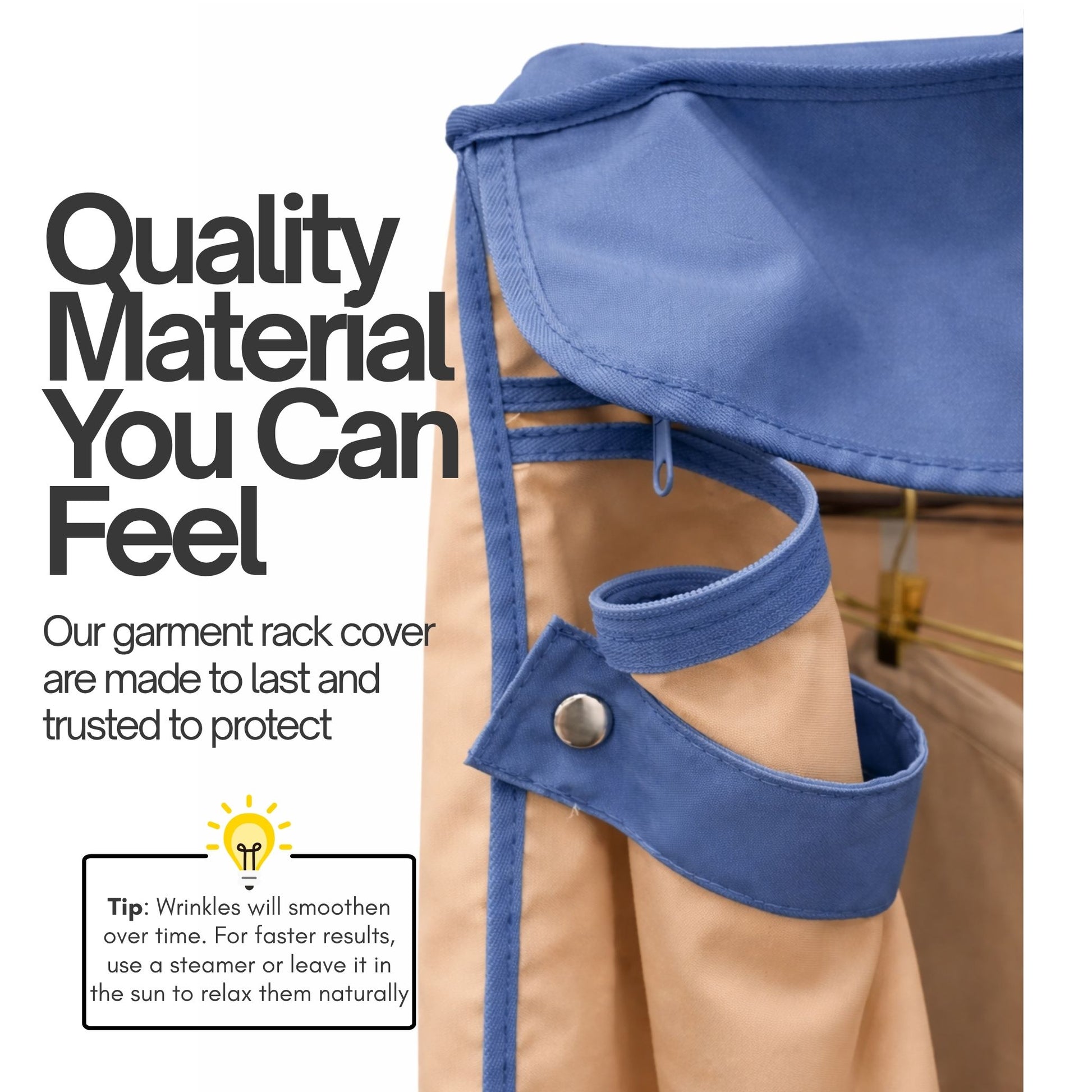 Portable Garment Rack Cover 36"W x 14"D x 72"H Beige Khaki with Dusty Blue Trim - Formosa Covers