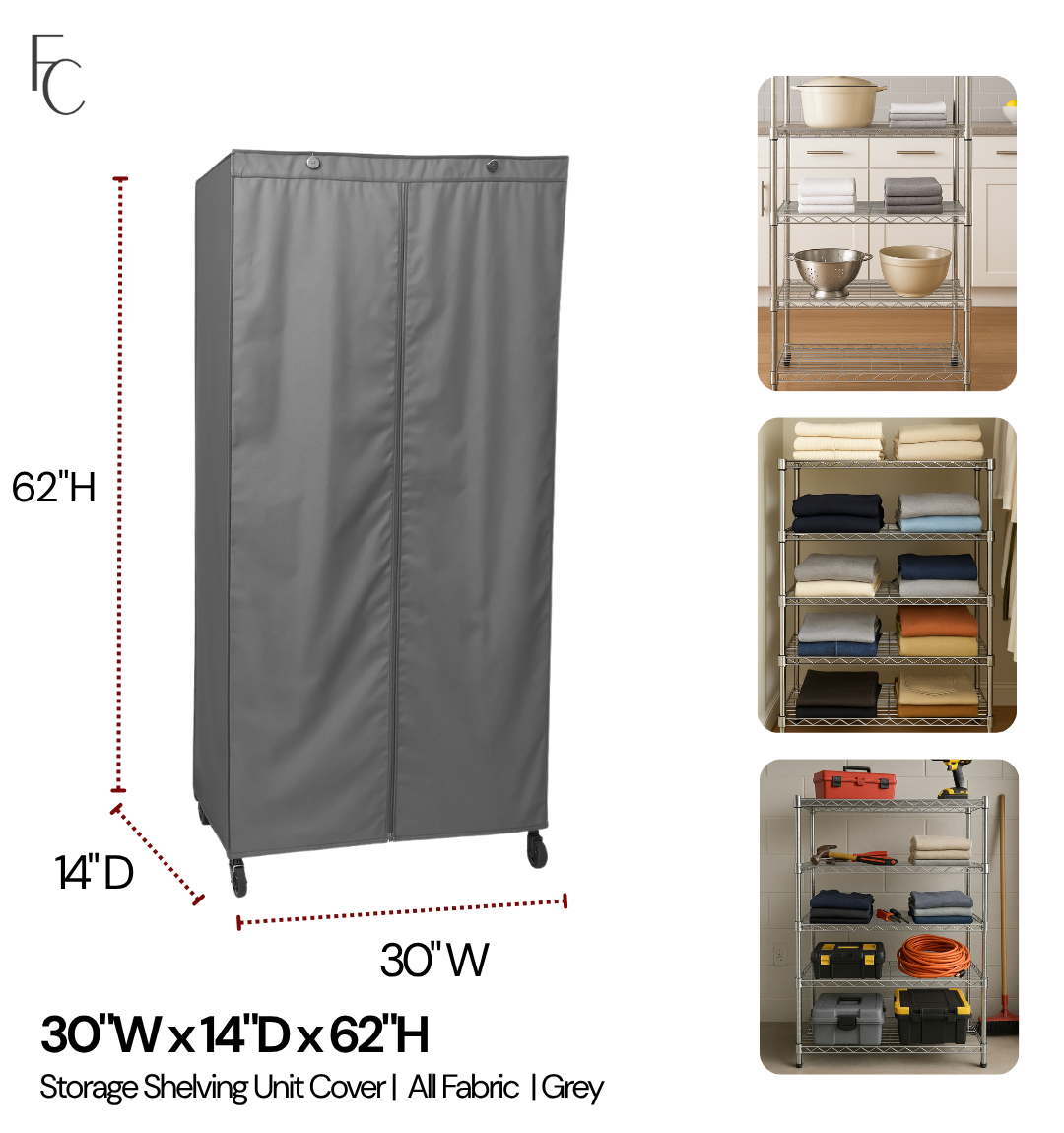 Storage Shelving Unit Cover, fits racks 30"W x 14"D x 62"H in Grey - Formosa Covers