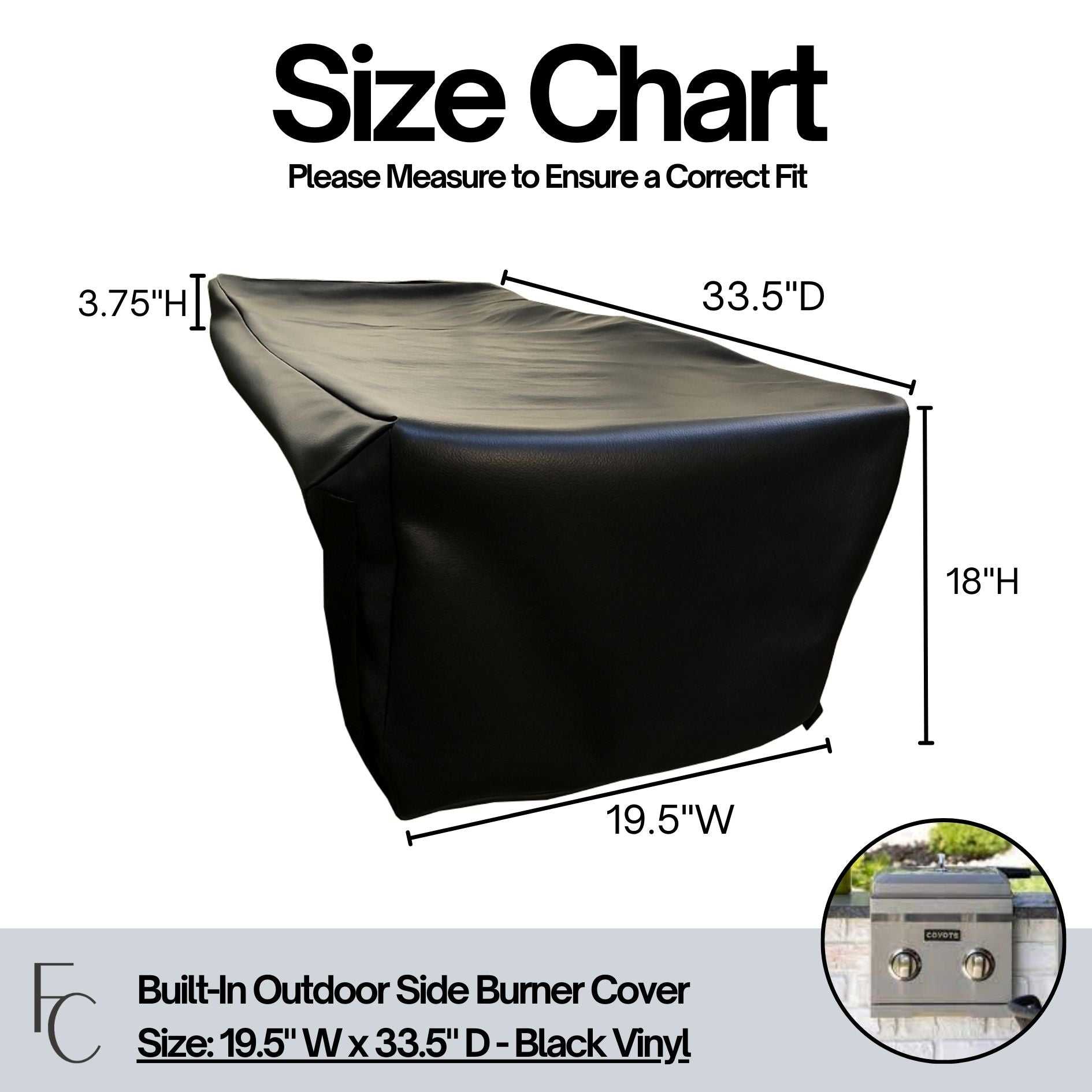Outdoor Built-In Side Burner Cover in Black Vinyl 19.5