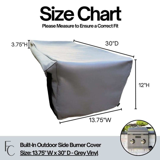 Grey vinyl outdoor built-in side burner cover 13.75"W x 30"D with elastic hem for secure fit and waterproof protection