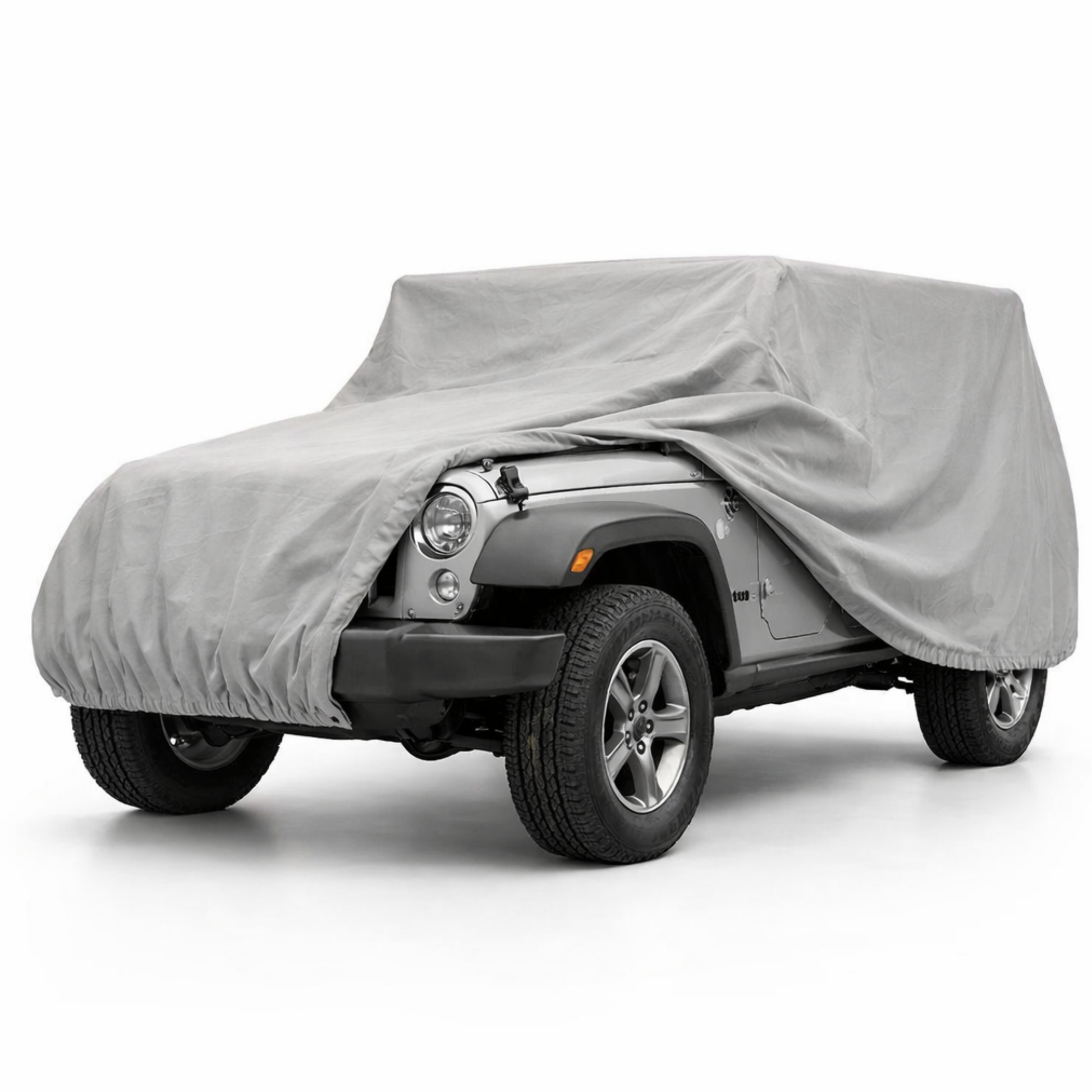 Grey Jeep cover for 2007-2022 Jeep Wrangler 2 doors with spare tire, winch, roof light clearance, UV and water-resistant poly 200 fabric