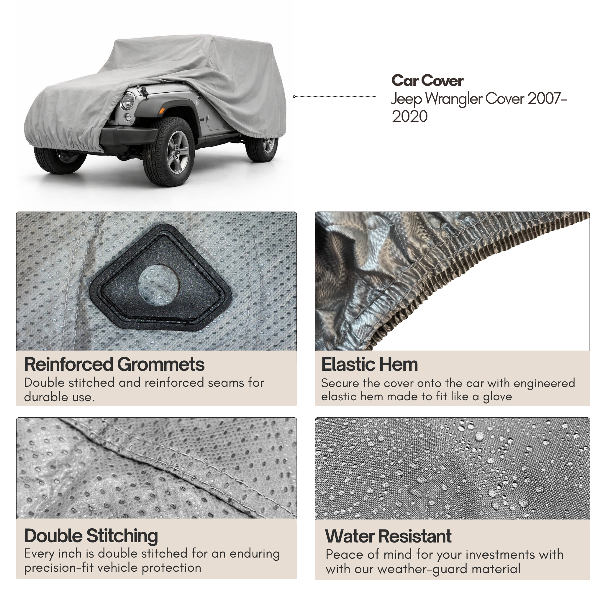 Grey poly Jeep cover for 2007-2022 Jeep Wrangler 4-door Unlimited with spare tire, winch, and roof light clearance