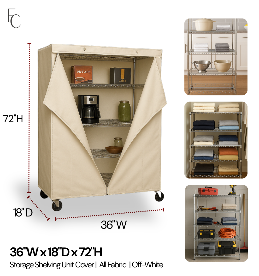 Storage Shelving Unit Cover, fits racks 36"W x 18"D x 72"H in Off White