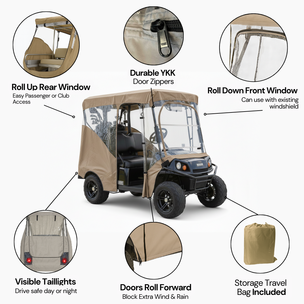 4 Seater Golf Cart Enclosure for 80 Inch Long Roof – Taupe Rain and Winter Driving Cover - Formosa Covers