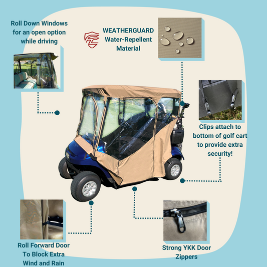 An image of a blue, 2-seater golf cart covered with the Formosa Covers 2 Passengers Driving Enclosure Roof 56" - 60" Straight Down Tail in Taupe Golf Cart Cover. Featuring roll-down windows, clips for extra security, roll-forward doors, and strong YKK zippers, this enclosure boasts WEATHERGUARD material.