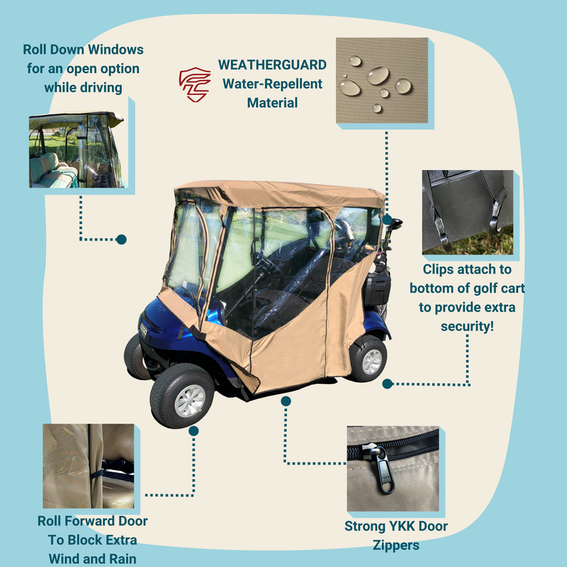 2 Passengers Driving Enclosure Roof 56" - 60" Straight Down Tail in Taupe Golf Cart Cover