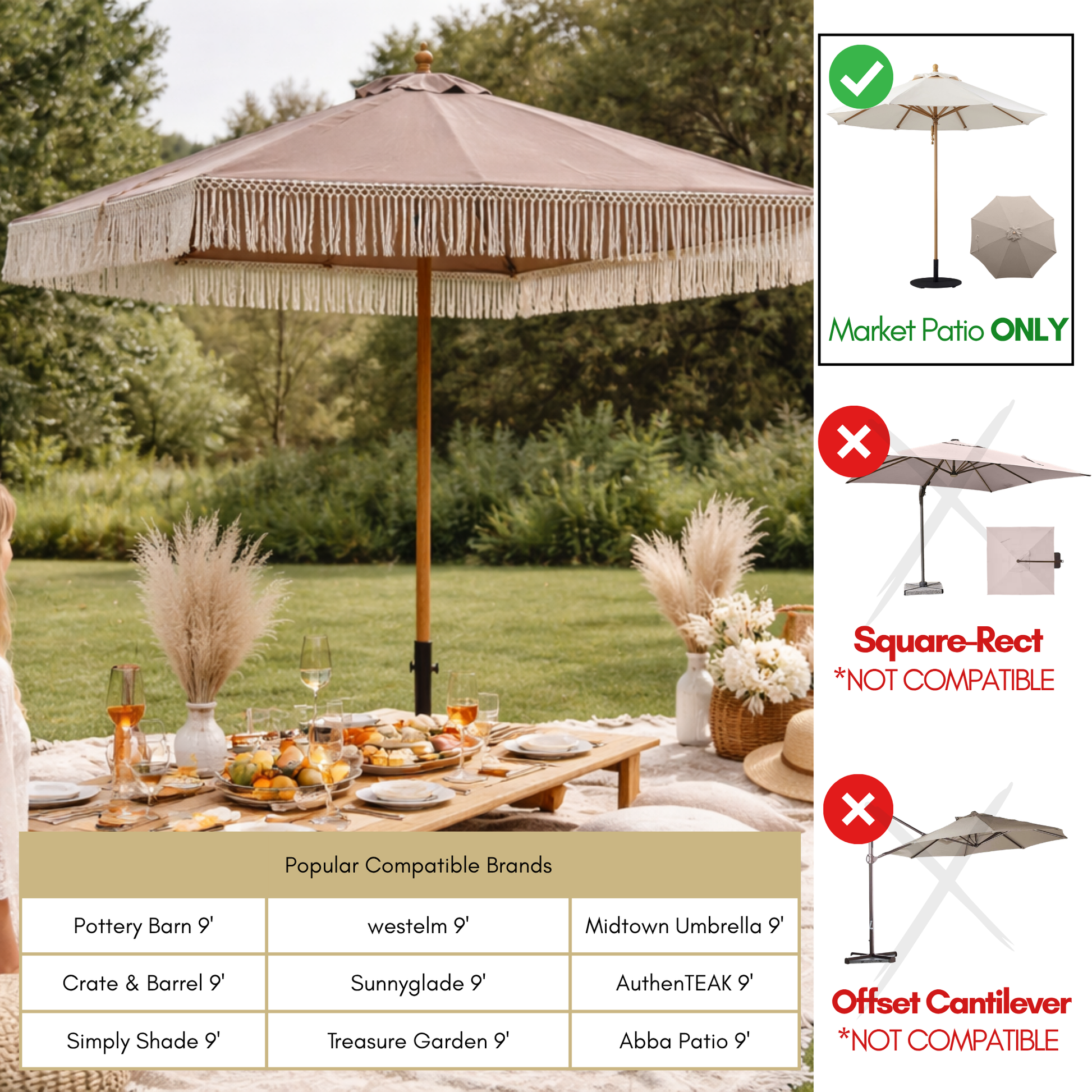 9ft 8 Ribs Replacement Umbrella Canopy w/ Tassels in Taupe (Canopy Only) - Formosa Covers
