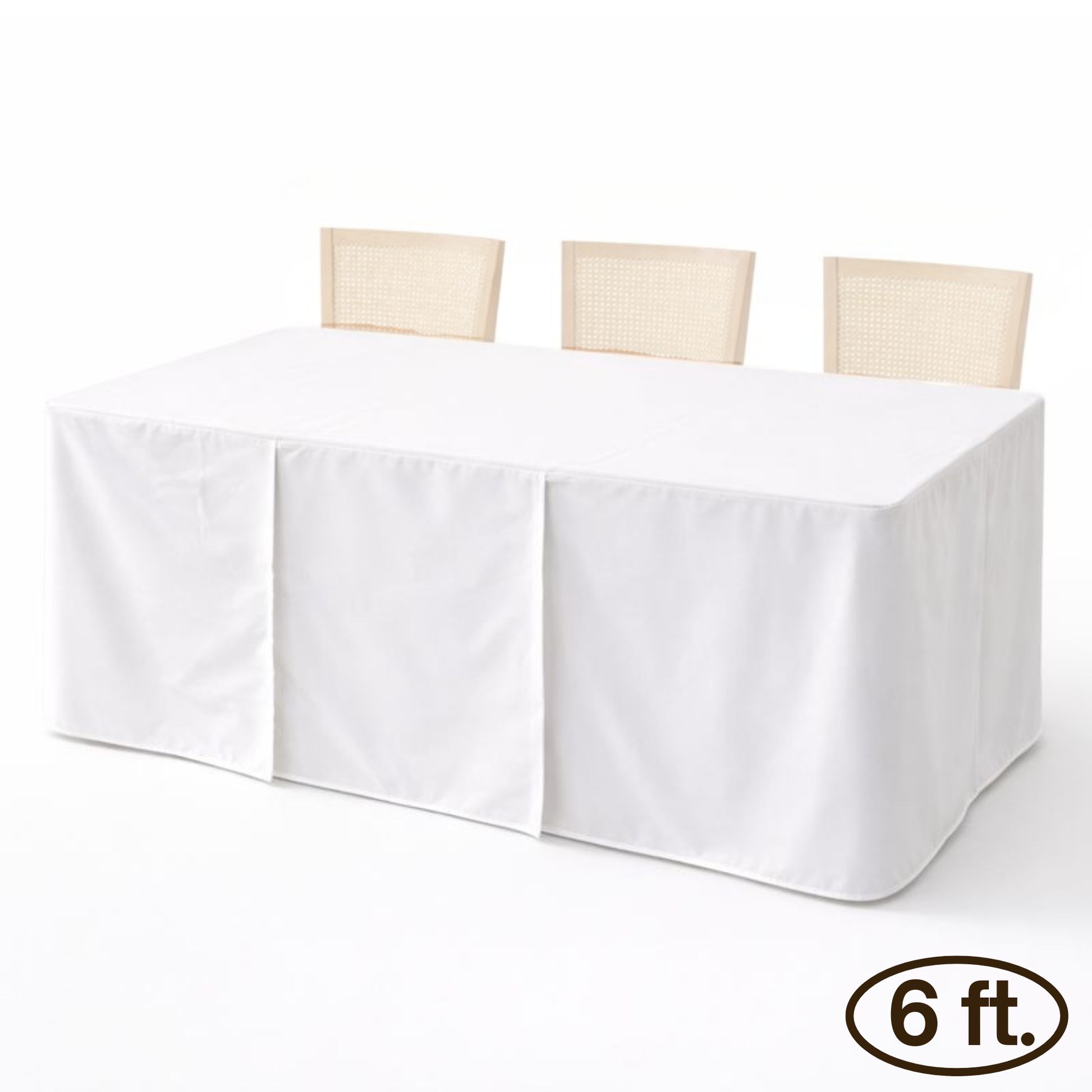6ft premium fitted off-white polyester tablecloth on rectangular table with three chairs