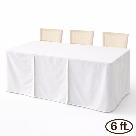 6ft premium fitted off-white polyester tablecloth on rectangular table with three chairs