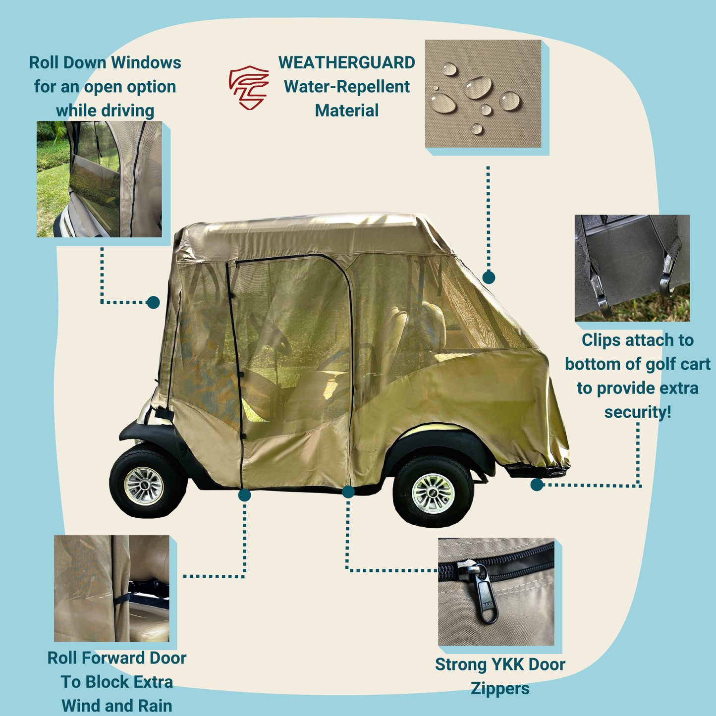 A Formosa Covers 2+2 Passenger Golf Cart Driving Enclosure Cover (4 Passenger Short Roof 58") in taupe, made from WEATHERGUARD water-repellent material with strong YKK zippers. This fully covered, weather-resistant accessory features roll-down windows, a roll-forward door, and bottom clips for extra security. The background is light blue.