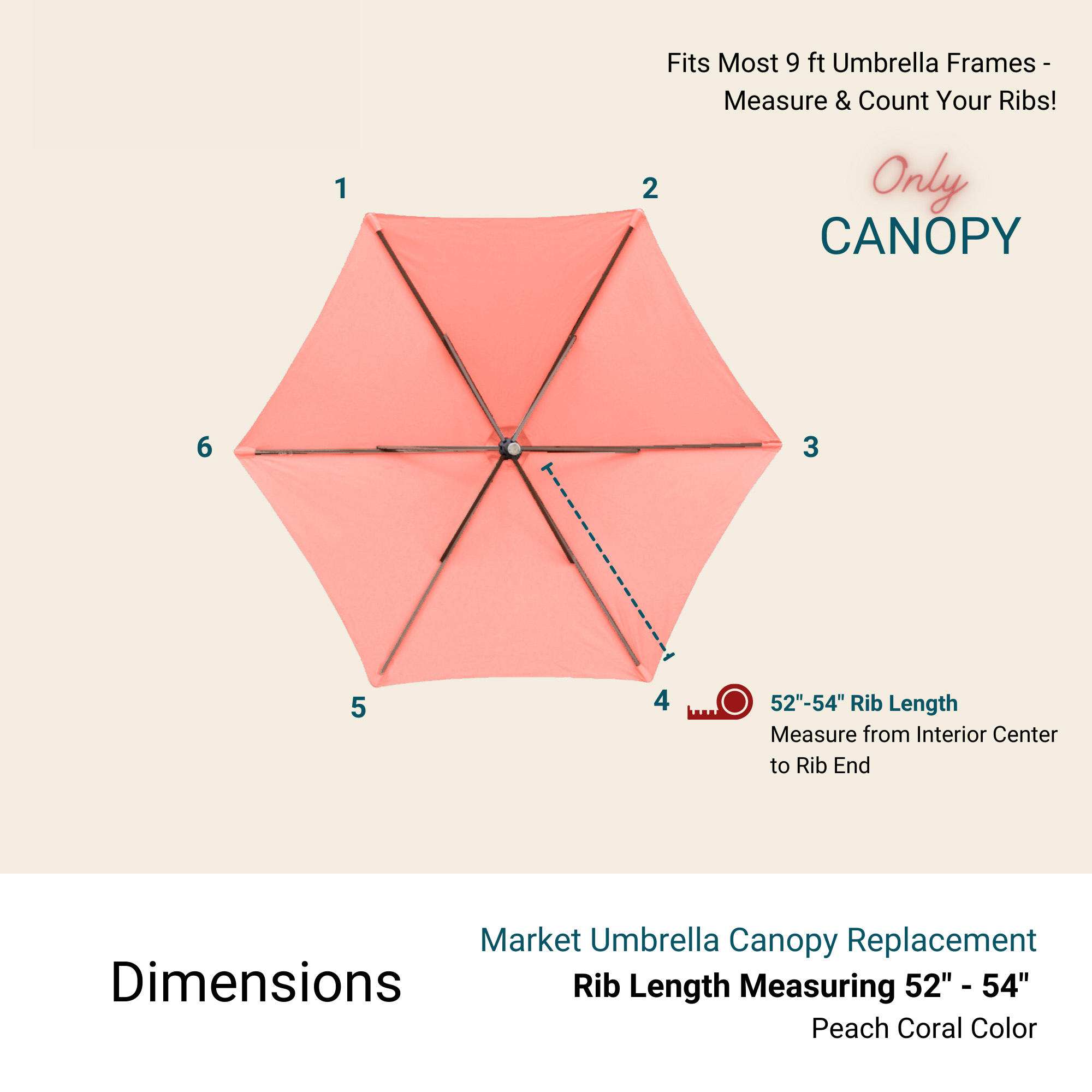 9ft Market Patio Umbrella 6 Rib Replacement Canopy Peach Coral