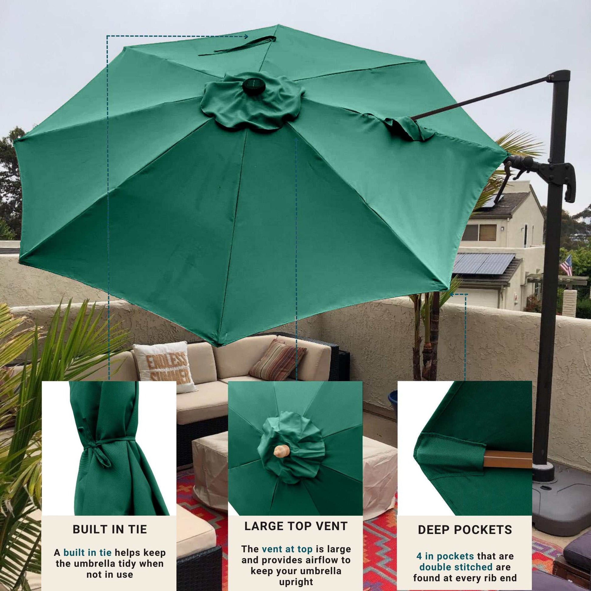 10ft Cantilever Supported Bar Umbrella 8 Rib Replacement Canopy Hunter Green