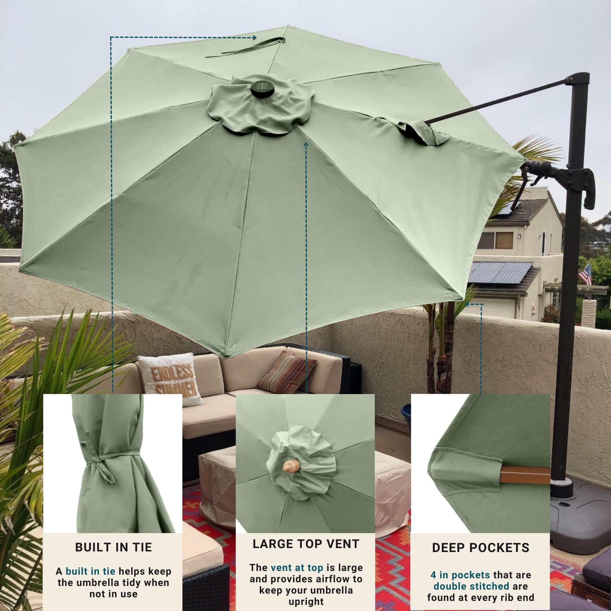 11 ft Cantilever Umbrella Replacement Canopy Supported Bar 8 Ribs Sage Green