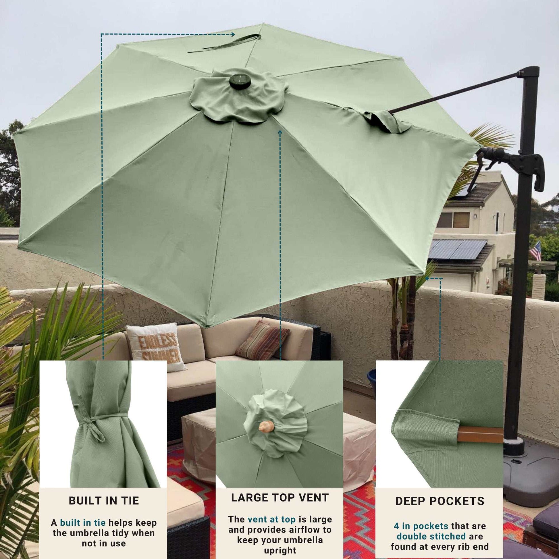 11 ft Cantilever Umbrella Replacement Canopy Supported Bar 8 Ribs Sage Green