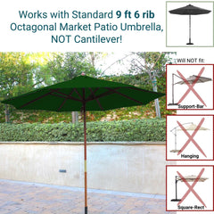 Image showing the Formosa Covers 9ft Market Patio Umbrella 6 Rib Replacement Canopy in Forest Green with a wooden pole and the text 