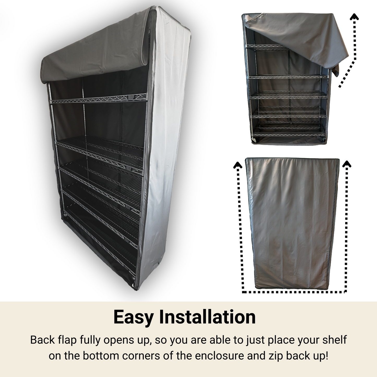 Wire shelving rack enclosure in charcoal grey with easy installation and zip access.