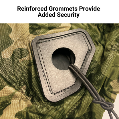 A close-up of a reinforced grommet on the Formosa Covers UTV Cover - Large Camouflage 120" L x 62" W x 75"H, showcasing a black cord threaded through durable green camo fabric. The text above reads, "Reinforced Grommets Provide Added Security." Ideal for UTV covers and made from heavy-duty UV-treated, water-repellent material.
