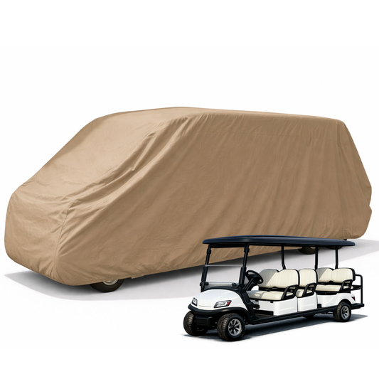Taupe 8 passenger golf cart storage cover for 140 inch roof, heavy duty waterproof UV protection with rear zipper access