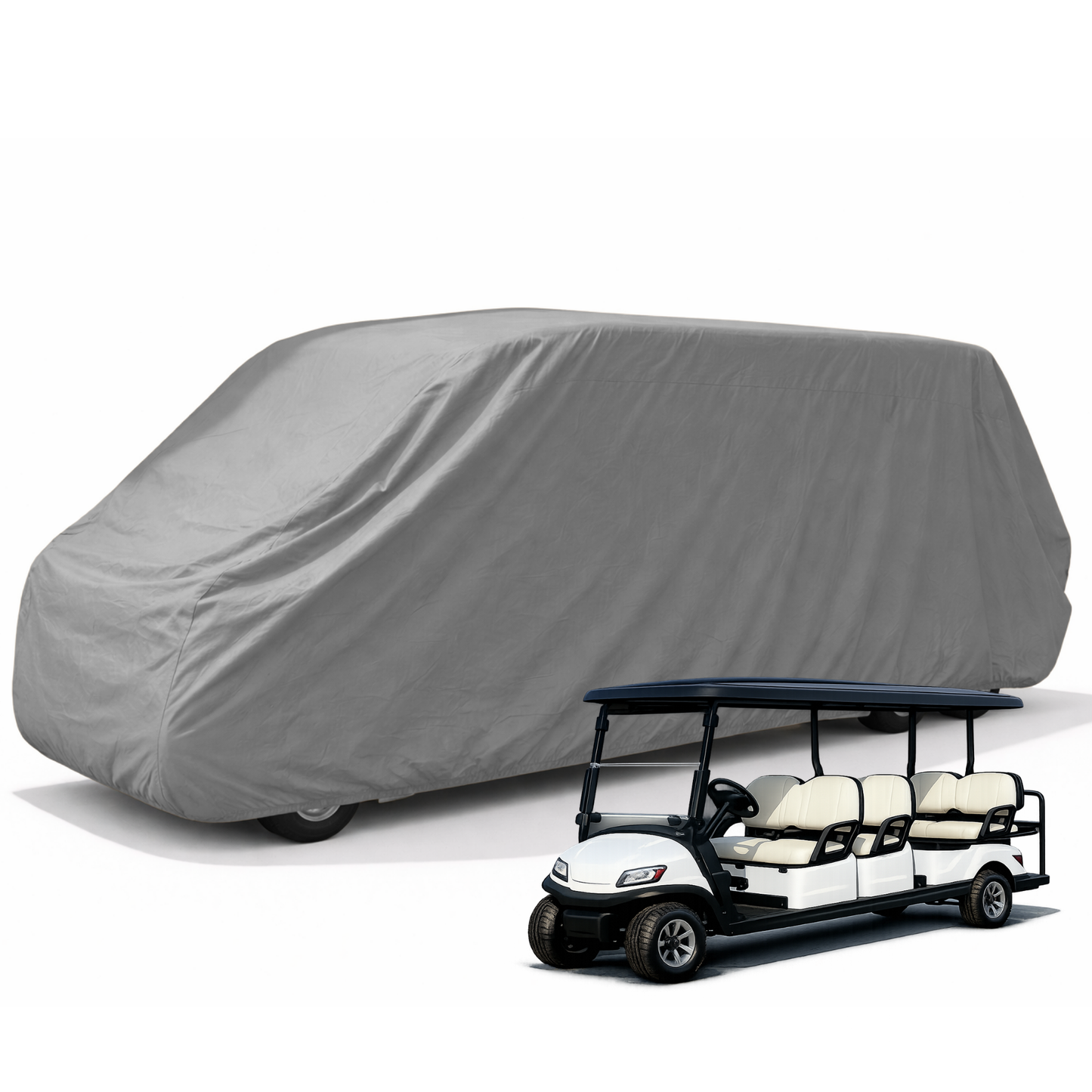 Grey 8 passenger golf cart storage cover for 140-inch roof, heavy duty, waterproof, UV treated with rear zipper access.