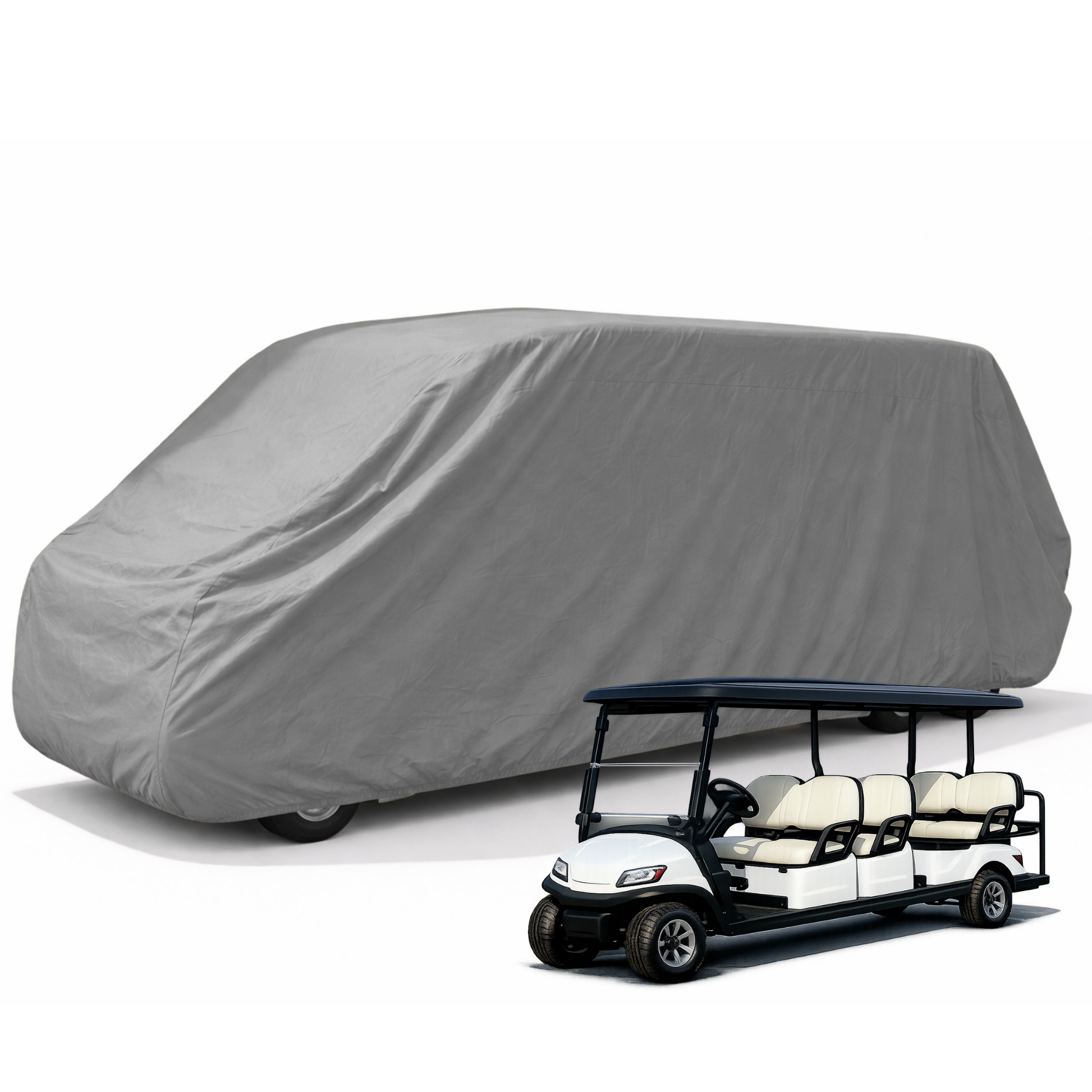 Grey 8 passenger golf cart storage cover for 140-inch roof, heavy duty, waterproof, UV treated with rear zipper access.