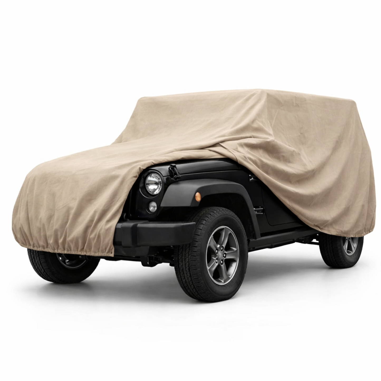 Water resistant taupe Jeep cover for classic CJ, Wrangler, Cherokee models 1976–2006 with spare tire and winch clearance