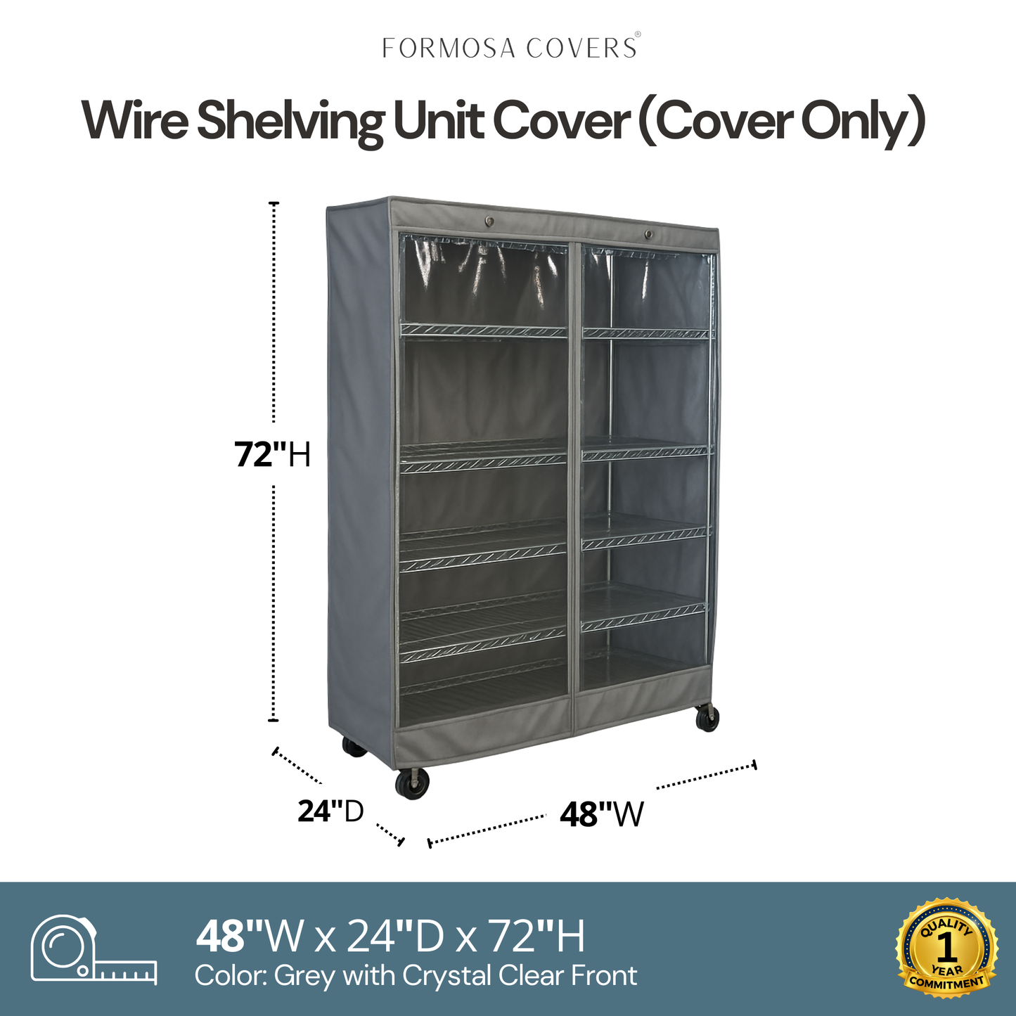 Storage Shelving Unit Cover, fits racks 48"W x 24"D x 72"H one side see through panel in Grey - Formosa Covers