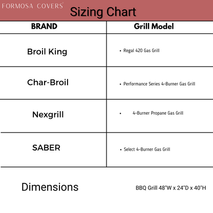 Formosa Covers provides a sizing chart for their BBQ Outdoor Grill Cover 48"L x 24"D x 40"H, listing compatibility with various grill models from Broil King (Regal 420), Char-Broil (Performance Series 4-Burner), Nexgrill (4-Burner Propane), and SABER (Select 4-Burner). This cover offers heavy-duty protection for all specified dimensions.