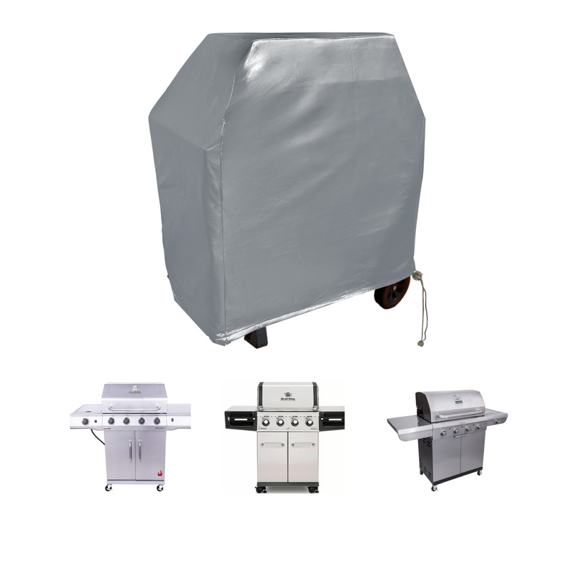 A gray vinyl BBQ outdoor grill cover by Formosa Covers, sized at 48"L x 24"D x 40"H, protecting a four-burner gas grill with a cabinet, a three-burner gas grill with side burners, and a three-burner gas grill with open sides—all equipped for all-weather protection.