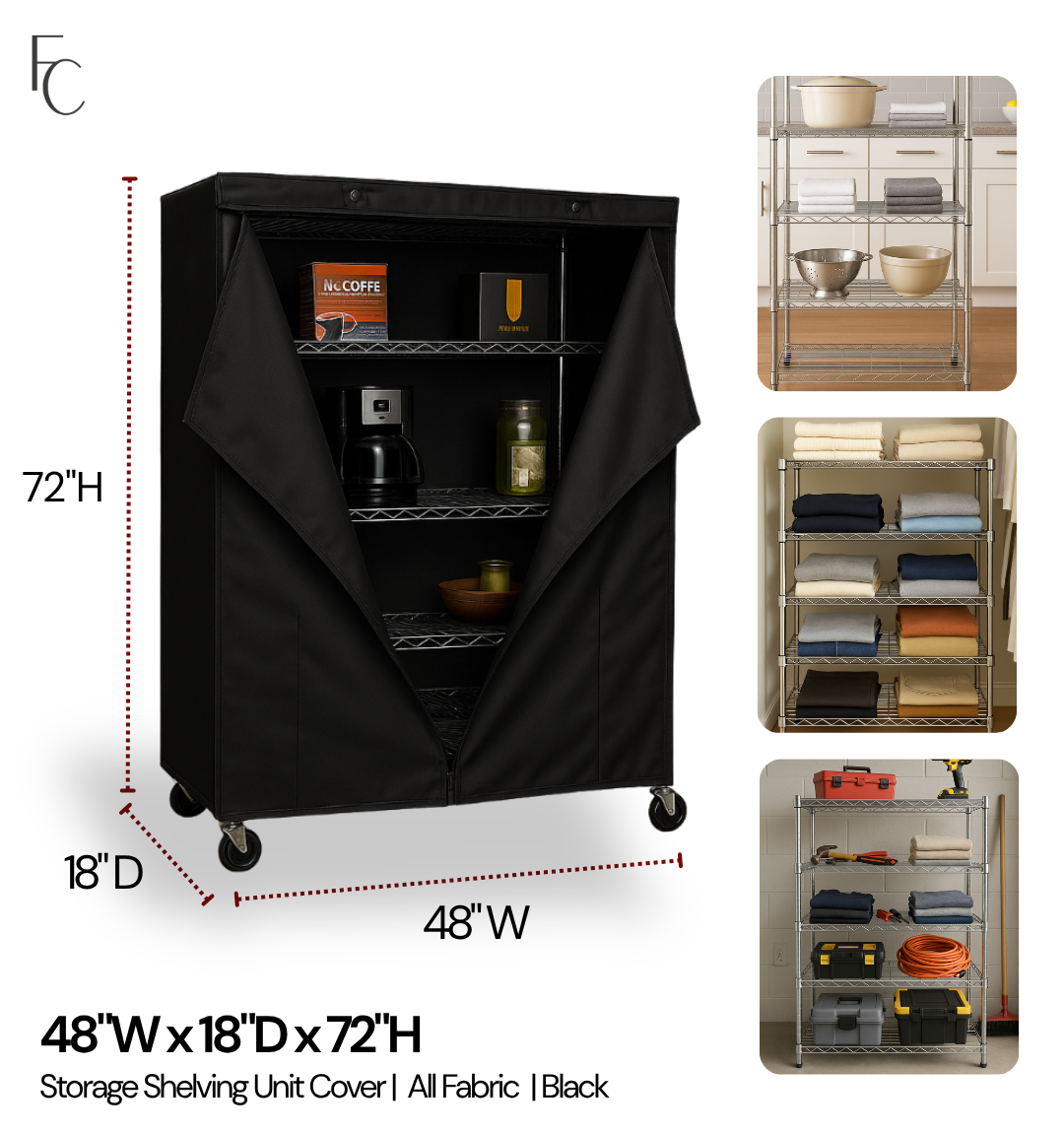 Storage Shelving Unit Cover, fits racks 48"W x 18"D x 72"H in Black