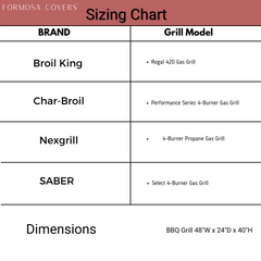 A sizing chart for Formosa Covers featuring various grill models. Brands listed are Broil King with Regal 420 Gas Grill, Char-Broil with Performance Series 4-Burner Gas Grill, Nexgrill with 4-Burner Propane Gas Grill, and SABER with Select 4-Burner Gas Grill. Heavy duty all-weather protection: BBQ Outdoor Grill Cover 48